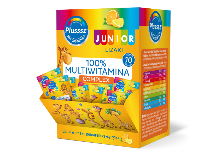 Plusssz Junior 100% Multiwitamina Complex, smak pomarańcza-cytryna, lizak, 50 szt.
