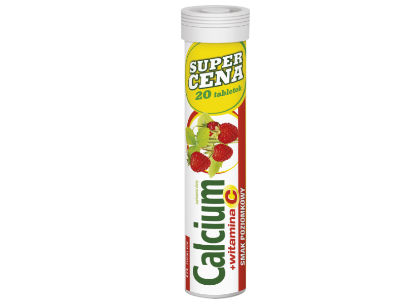 Calcium + witamina C, smak poziomkowy, tabletki musujące, 300 mg + 60 mg, 20 szt.