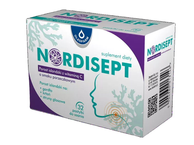 Oleofarm NORDISEPT porost islandzki z wit. C, pastylki do ssania, 32 past.
