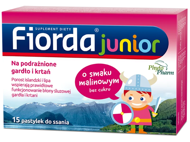 FIORDA JUNIOR pastylki na gardło krtań dla dzieci, pastylki do ssania, 15 szt.