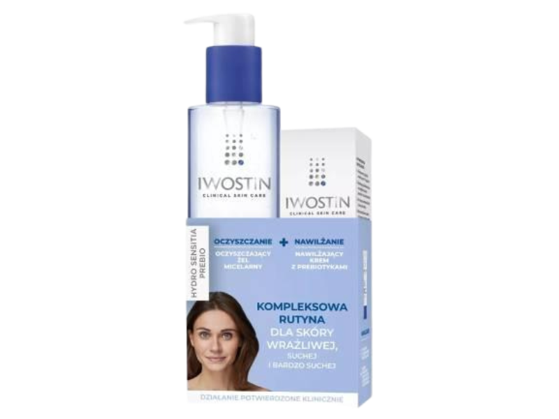 IWOSTIN Hydro Sensitia Prebio zestaw oczyszczający żel micelarny + nawilżający krem z prebiotykami, żel + krem, 200ml + 50ml ml