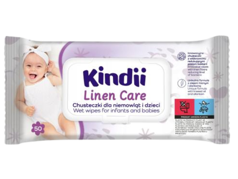 KINDII Linen Care Chusteczki nawilżane dla niemowląt i dzieci, 50 szt.