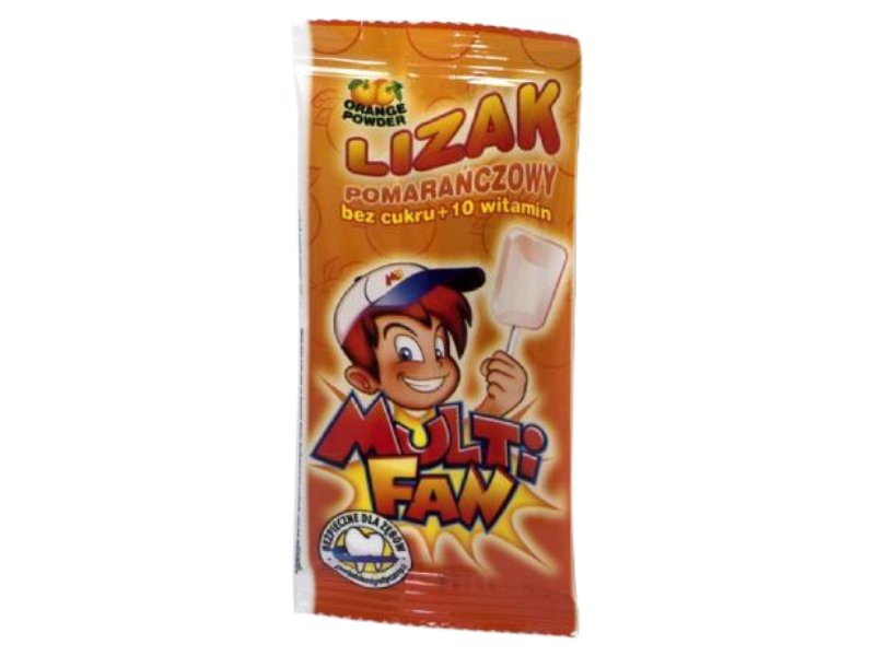 MULTI FAN LOLLY Lizak o smaku pomarańczowym bez cukru, 1 szt.