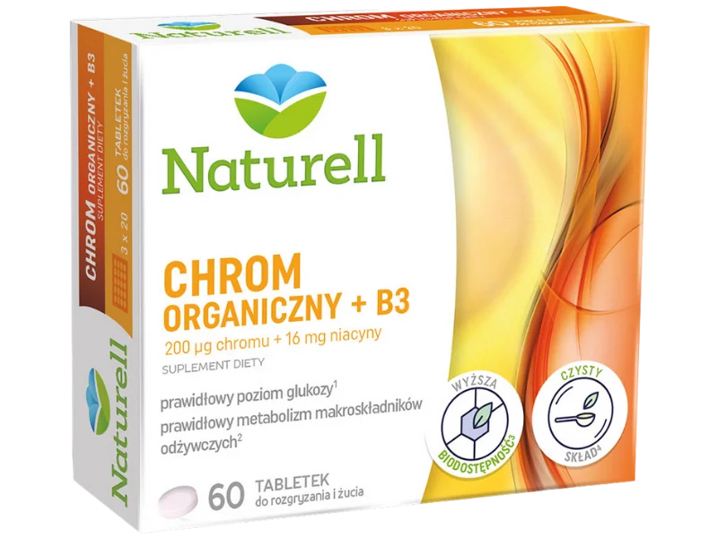Naturell Chrom Organiczny + B3, tabletki do rozgryzania i żucia, 60 tabl.