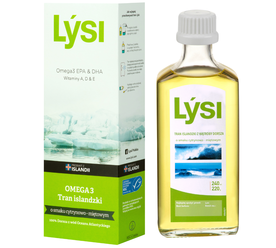 Lysi Tran Islandzki, smak cytrynowo-miętowy, płyn, 240 ml