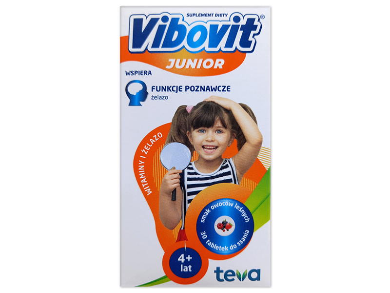 Vibovit Junior witaminy i żelazo, smak owoców leśnych, tabletki do ssania, 30 tabl.