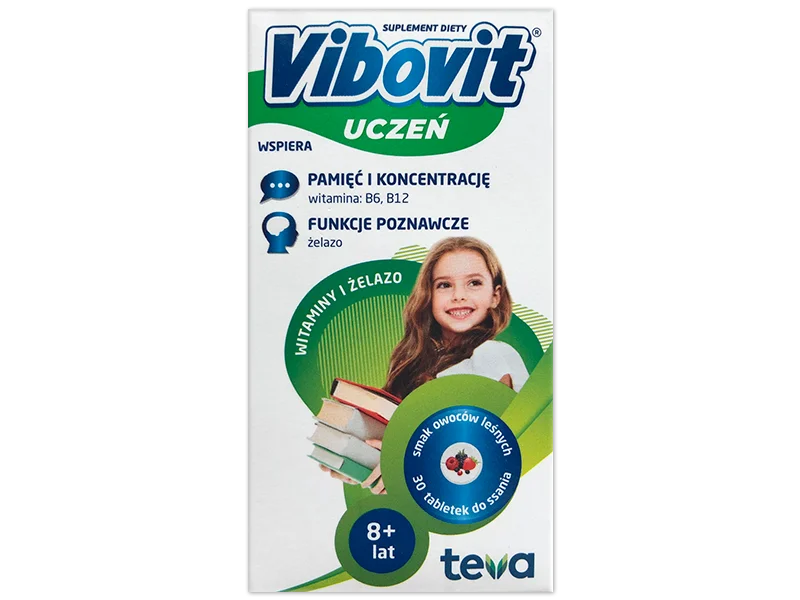 Vibovit Uczeń witaminy i żelazo, smak owoców leśnych, tabletki do ssania, 30 tabl.