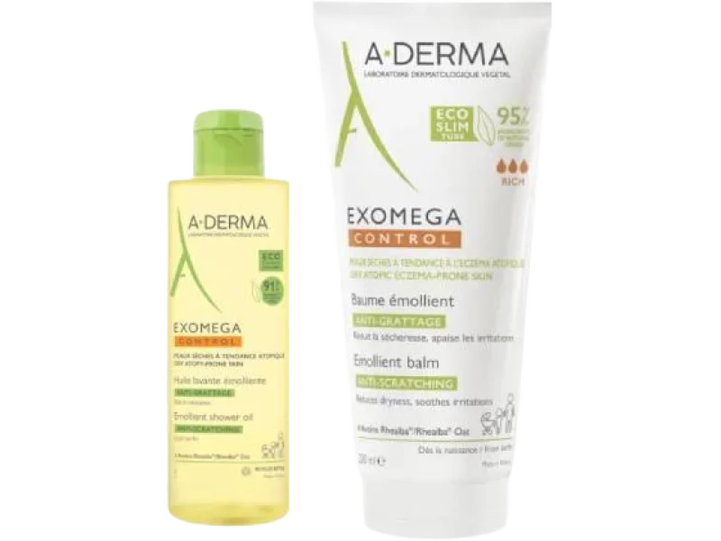 A-Derma Exomega Control Zestaw Balsam emolient przeciw drapaniu + Olejek emolient pod prysznic, balsam,olejek, 200 ml + 50 ml ml
