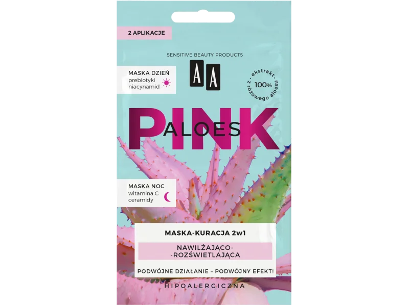 AA Aloes Pink maska-kuracja 2w1 nawilżająco-rozświetlająca dzień i noc, 2×4 ml
