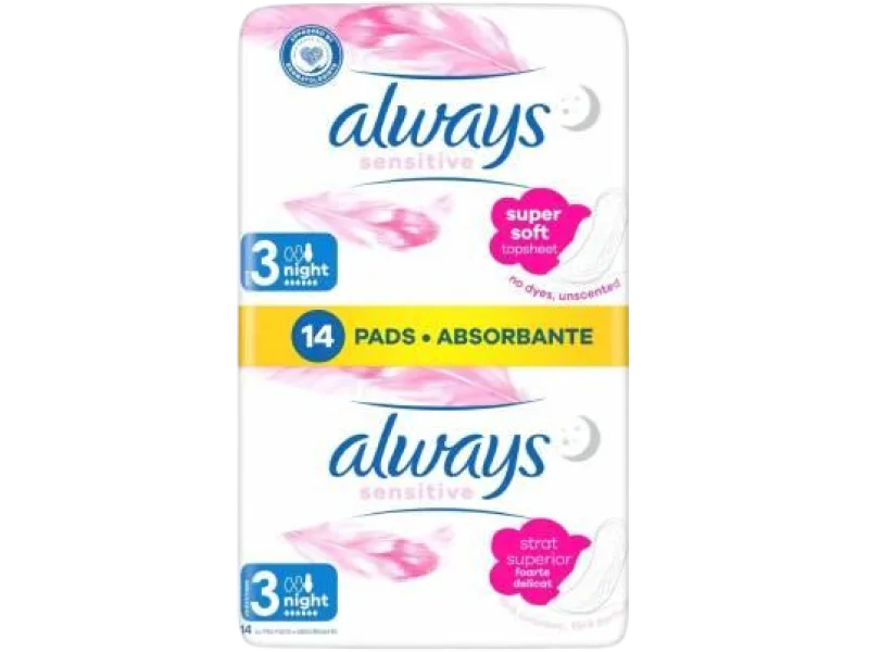 ALWAYS Ultra Sensitive Night Podpaski ze skrzydełkami, 14 szt.