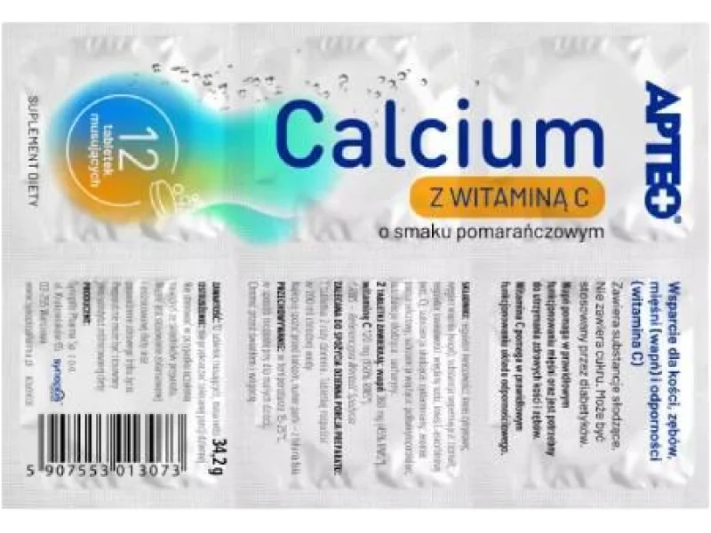 APTEO Calcium z Witaminą C o smaku pomarańczowym, tabletki musujące, 12 tabl.