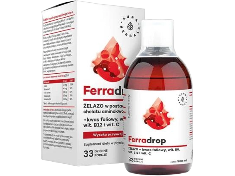 Aura Herbals Ferradrop wysokoprzyswajalne żelazo i kwas foliowy, płyn, 500 ml