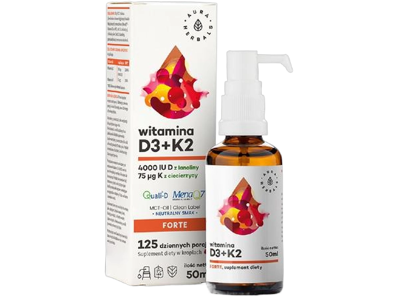 Aura Herbals Witamina D3 + K2, krople, 100 µg + 75 µg, 50 ml