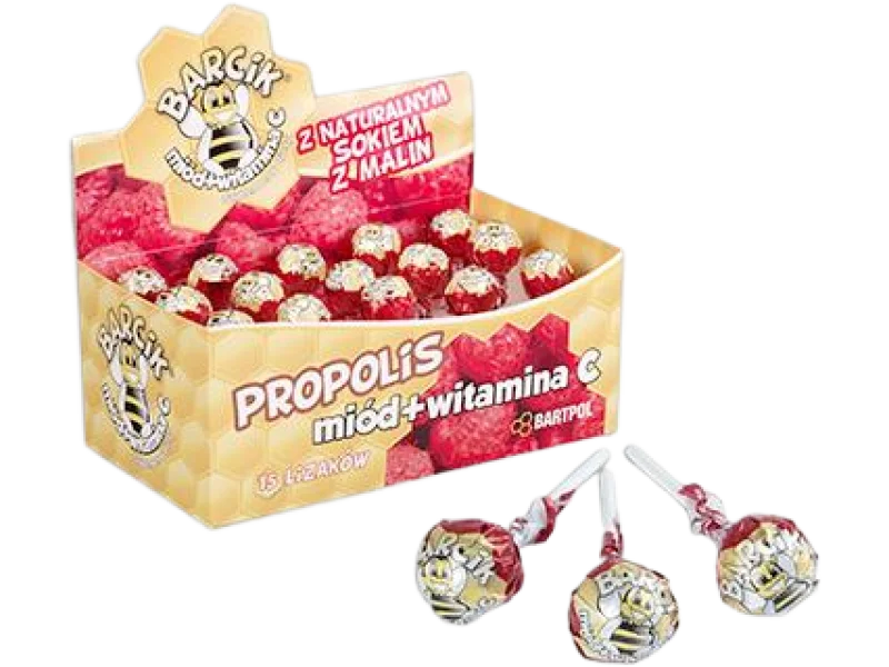 Barcik z propolisem, miodem i witaminą C, smak malinowy, lizak, 60 szt.
