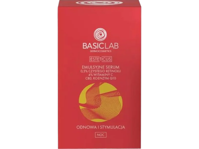 Basiclab Emulsyjne serum z czystego retinolu, witaminy C, CBD i koenzymu Q10 Odnowa i Stymulacja, 15 ml