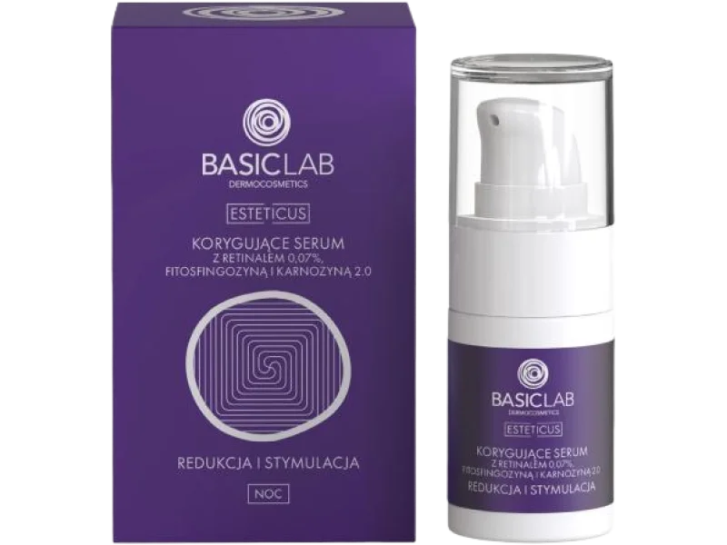 BASICLAB Korygujące serum z retinalem 0,07%, fitosfingozyną i karnozyną 2.0 Redukcja i Stymulacja, 15 ml