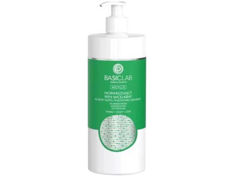 Basiclab Micellis normalizujący płyn micelarny do skóry tłustej, trądzikowej i wrażliwej prebiotyków, azeloglicyna, glicyryzyna, 500 ml