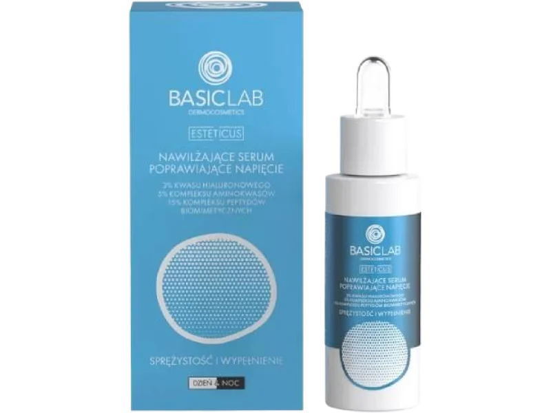BASICLAB Nawilżające serum poprawiające napięcie 3% kwasu hialuronowego, 5% kompleksu aminokwasów i 15% kompleksu peptydów biomimetycznych, 30 ml