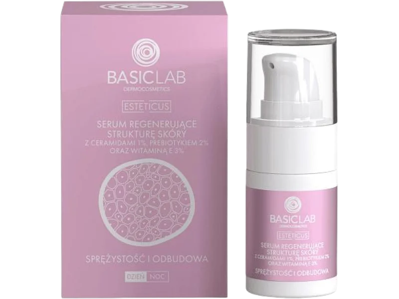 BASICLAB Serum regenerujące strukturę skóry z ceramidami 1%, prebiotykiem 2% oraz witaminą E 3%, 15 ml
