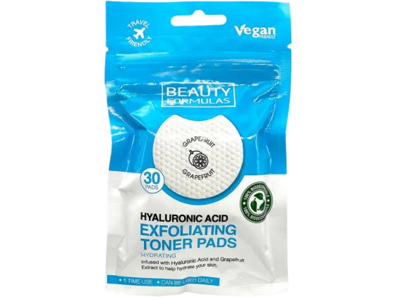 Beauty Formulas, płatki złuszczające nasączone z kwasem hialuronowym, płatki nasączone, 30 szt.