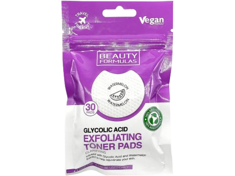 Beauty Formulas złuszczające nasączone płatki z kwasem glikolowym, chusteczki, 30 szt.
