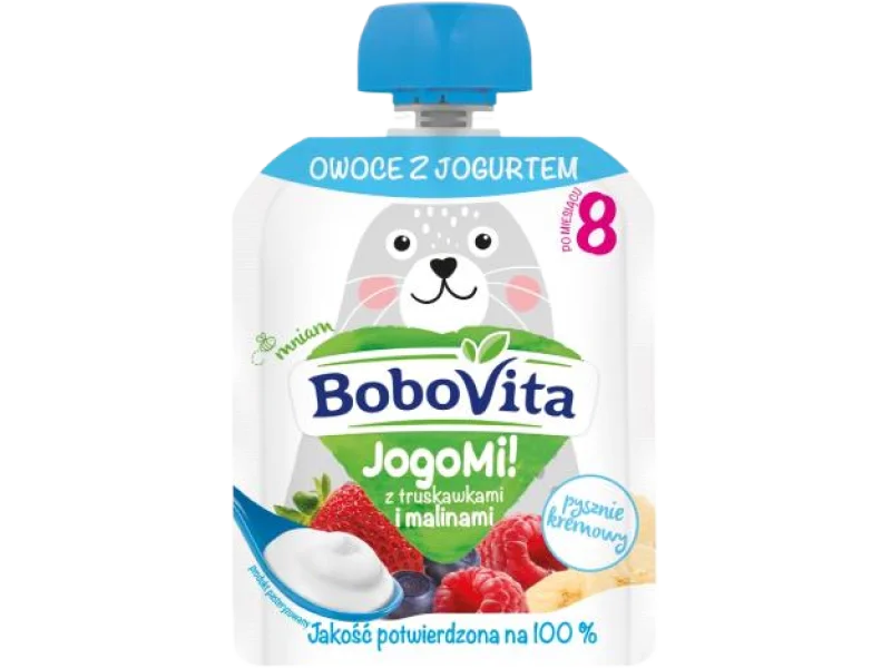 BoboVita JogoMi! Owoce z jogurtem z truskawkami i malinami po 8 miesiącu, płyn, 80 g