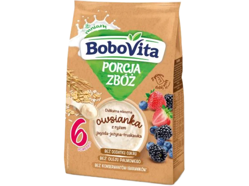 BoboVita Porcja Zbóż delikatna mleczna owsianka z ryżem jagoda-jeżyna-truskawka, proszek, 210 g