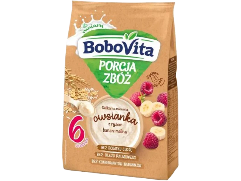 BoboVita Porcja zbóż Delikatna mleczna owsianka z ryżem malina-banan, proszek, 210 g