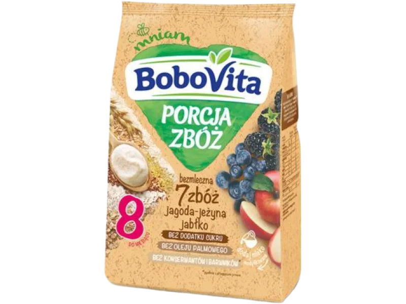 BOBOVITA Porcja Zbóż Kaszka bezmleczna 7 zbóż jagoda-jeżyna, jabłko po 8. miesiącu, proszek, 170 g