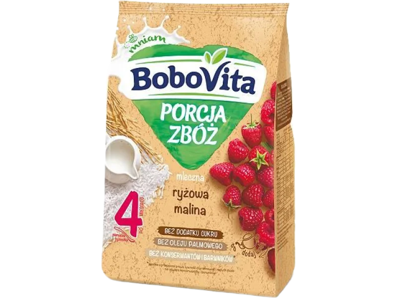 BoboVita Porcja Zbóż Mleczna kaszka ryżowa z maliną 4m+, proszek, 210 g