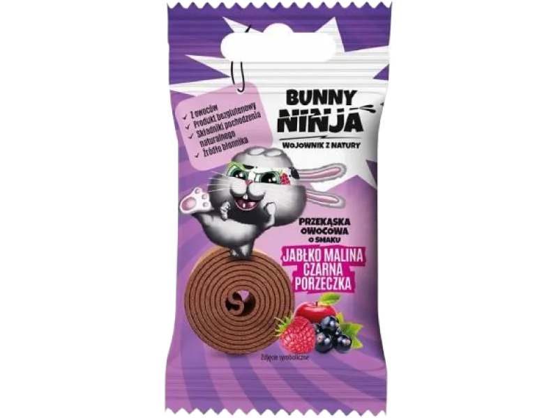 BUNNY NINJA Przekąska owocowa o smaku jabłko-malina-czarna porzeczka, żelki, 15 g
