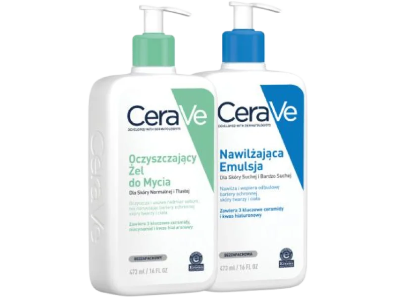 CERAVE Zestaw dla skóry normalnej i suchej: oczyszczający żel do mycia + nawilżająca emulsja, żel + emulsja, 473 + 473 ml