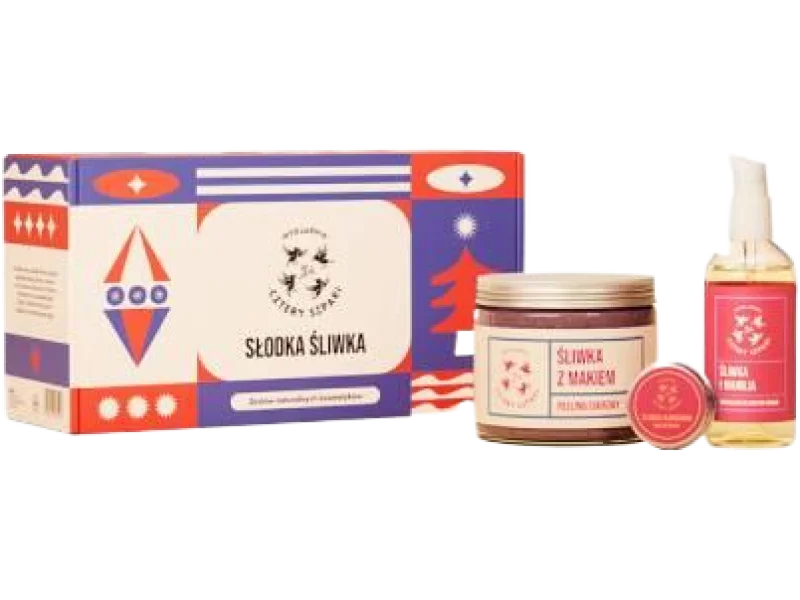 CZTERY SZPAKI (4szpaki) Słodka śliwka Zestaw: Peeling cukrowy Śliwka z makiem + Balsam do ust Śliwka i kardamon + Superlekki olejek do ciała Śliwka i wanilia, 250ml + 15ml + 100ml szt.