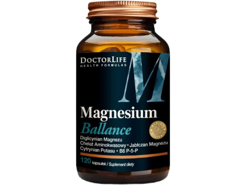 Doctor Life Magnesium Ballance: jabłczan magnezu + cytrynian potasu + B6 P-5-P, kapsułki, 120 kaps.