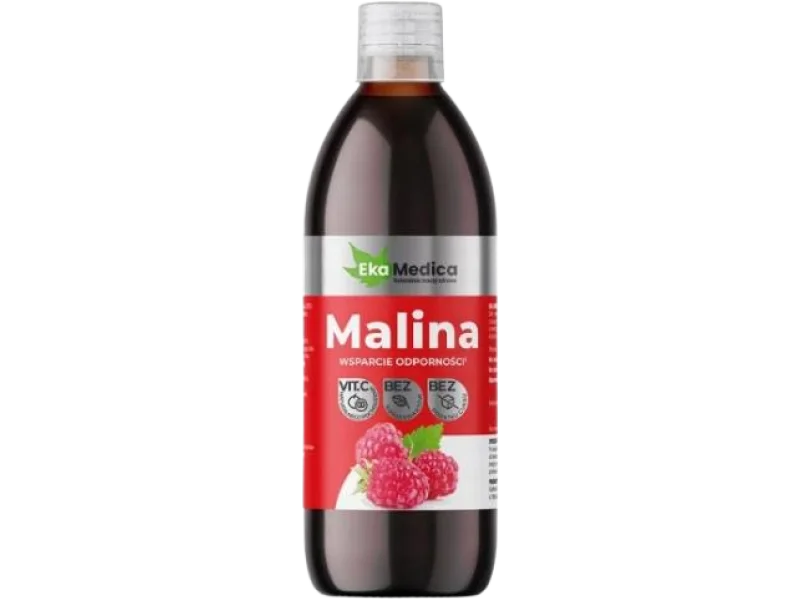 EkaMedica Malina 100% Sok z malin z witaminą C, płyn, 15 mg, 500 ml