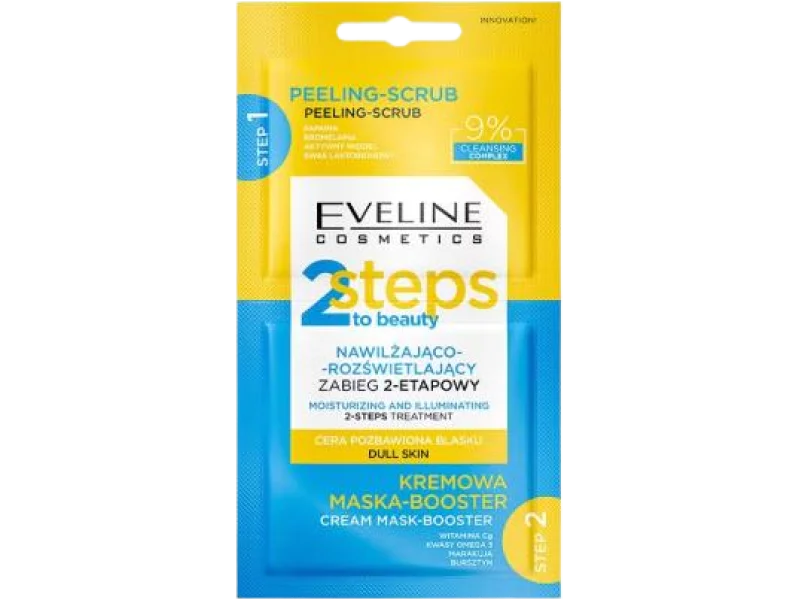 EVELINE 2 Steps To Beauty Nawilżająco-rozświetlający zabieg 2-etapowy, peeling + maska, 8 ml
