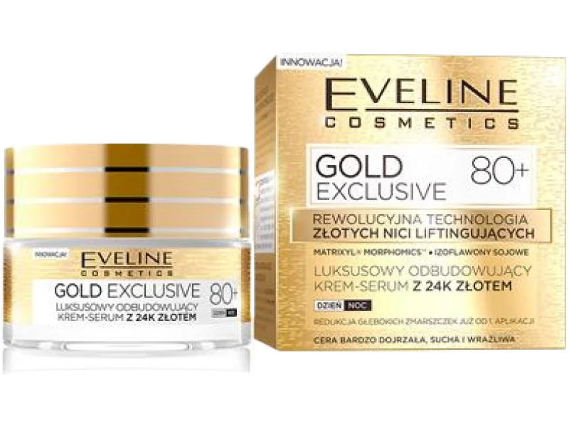 EVELINE COSMETICS GOLD EXCLUSIVE luksusowy odbudowujący krem-serum z 24K złotem 80+, 50 ml