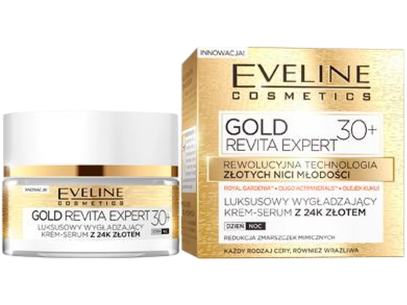 EVELINE COSMETICS GOLD REVITA EXPERT luksusowy wygładzający krem-serum z 24K złotem 30+, 50 ml