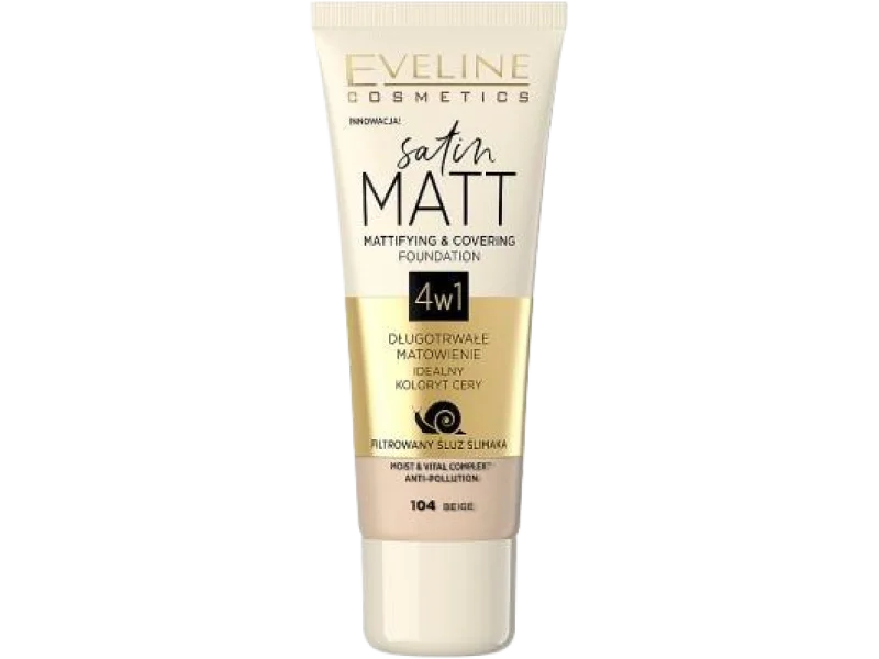Eveline Satin Matt matująco-kryjący podkład do twarzy, nr 104 beige, 30 ml