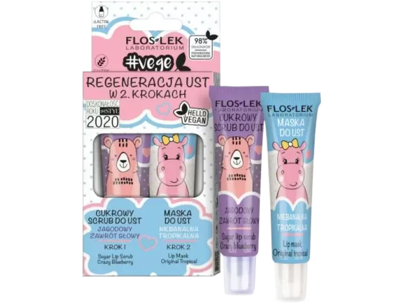 Flos-Lek Vege Lip Care regeneracja ust w 2 krokach scrub jagodowy zawrót głowy + maska do ust niebanalna tropikalna, zestaw, 2 x 14 g