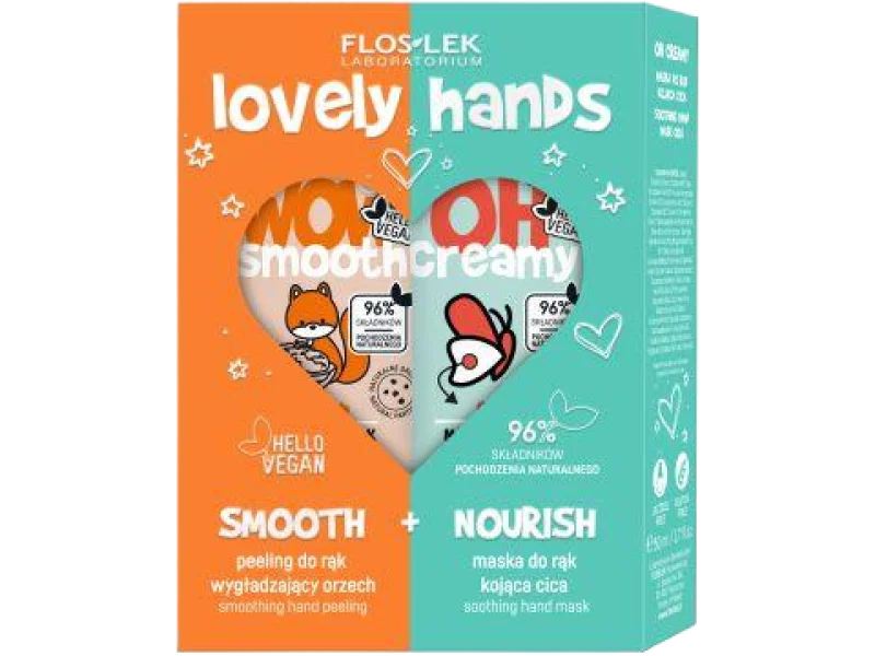 FLOSLEK Wzmacniająca kuracja do rąk w 2 krokach, smooth peeling do rąk wygładzający orzech, nourish maska do rąk kojąca cica, zestaw, 50 + 50 szt.