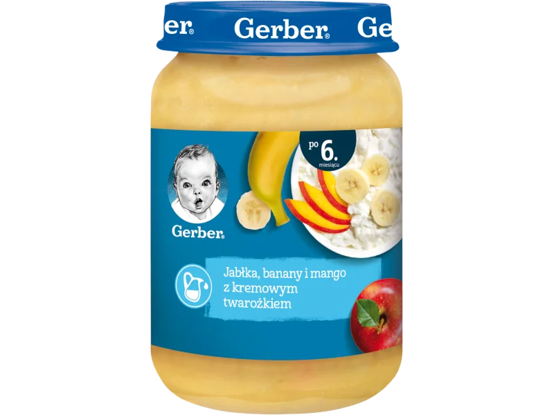 Gerber jabłka banany i mango z delikatnym twarożkiem dla niemowląt po 6 miesiącu, deser, 190 g
