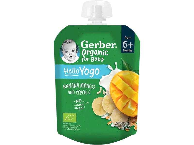 Gerber Organic deserek banan, mango z jogurtem i płatkami zbóż po 6. miesiącu, mus, 80 g