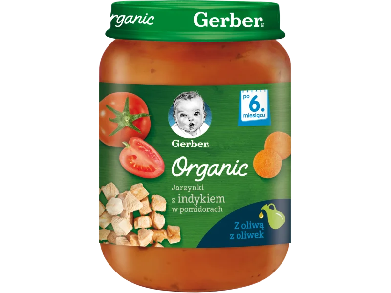 Gerber Organic obiadek jarzynki z indykiem w pomidorach po 6 miesiącu, żel, 190 g