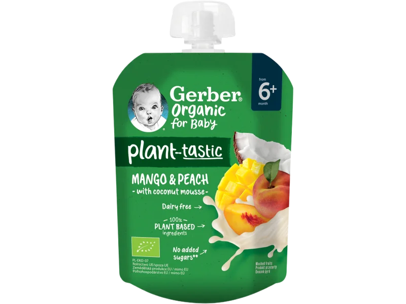 Gerber Organic Plant-tastic deserek mango i brzoskwinia z musem kokosowym po 6. miesiącu, 80 g