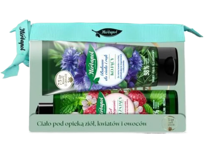 HERBAPOL zestaw nawilżający żel pod prysznic mięta malina melisa + kojący balsam do ciała i rąk chaber fiołek olej arganowy + kosmetyczka, żel + balsam, 400 ml + 200 ml ml