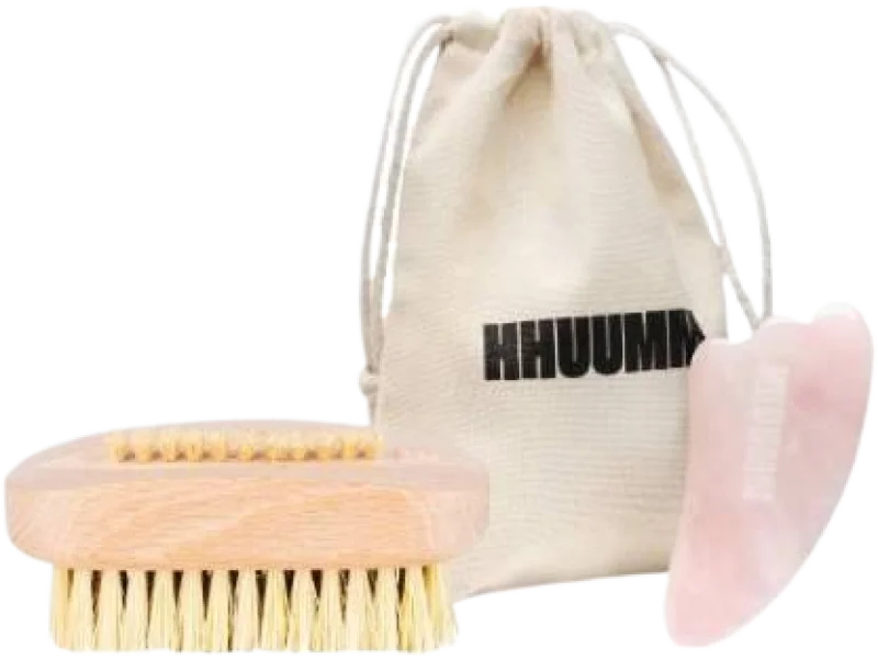 HHUUMM Masażer z kwarcu do twarzy Gua Sha różowy + Szczoteczka do rąk i paznokci z tampico, 1 szt.