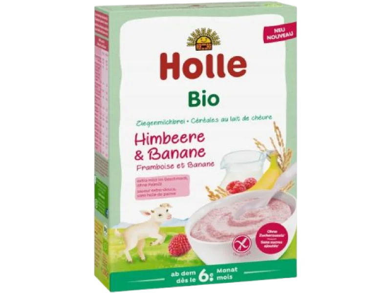 HOLLE BIO Kaszka Ryżowa z Pełnym Mlekiem Kozim Malina Banan, proszek, 200 g