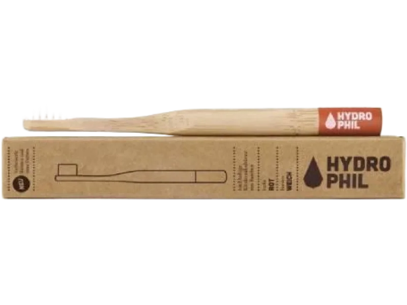 HYDROPHIL szczoteczka do zębów dla dzieci CZERWONA – naturalna wegańska z biodegradowalnego bambusa, sprzęt medyczny, 1 szt.