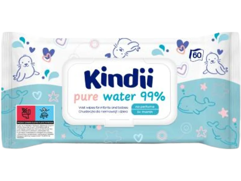 KINDII Pure Water Chusteczki wodne – 99% wody, 60 szt.